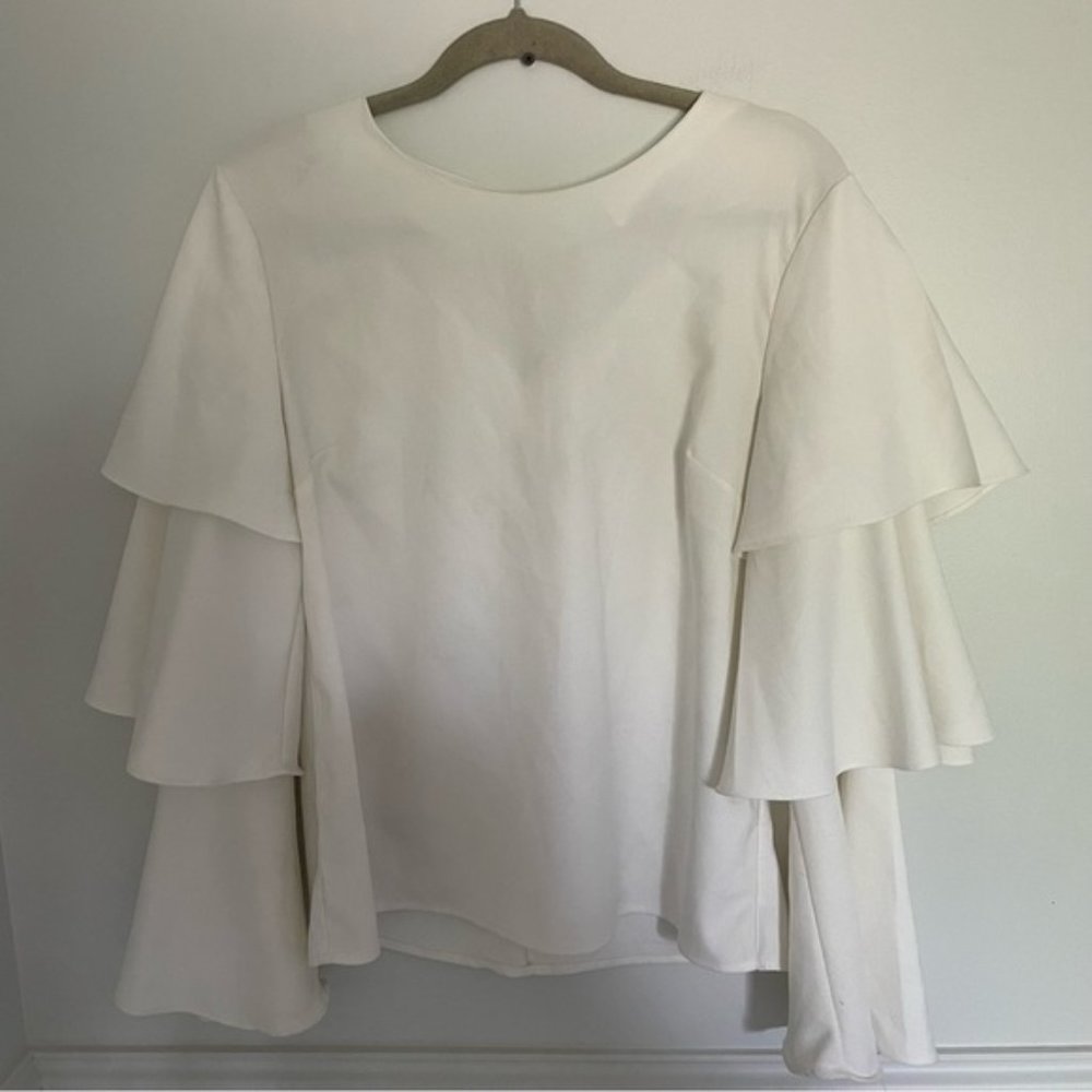 ENGLISH FACTORY White Tiered Ruffle Sleeve Long Top Large